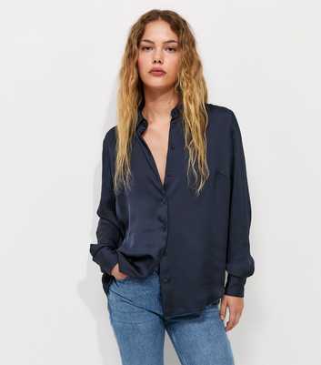 Navy Satin Long Sleeve Shirt