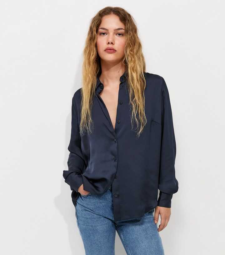 Navy Satin Long Sleeve Shirt