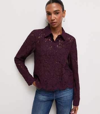 Dark Burgundy Semi Sheer Pocket Detail Lace Shirt