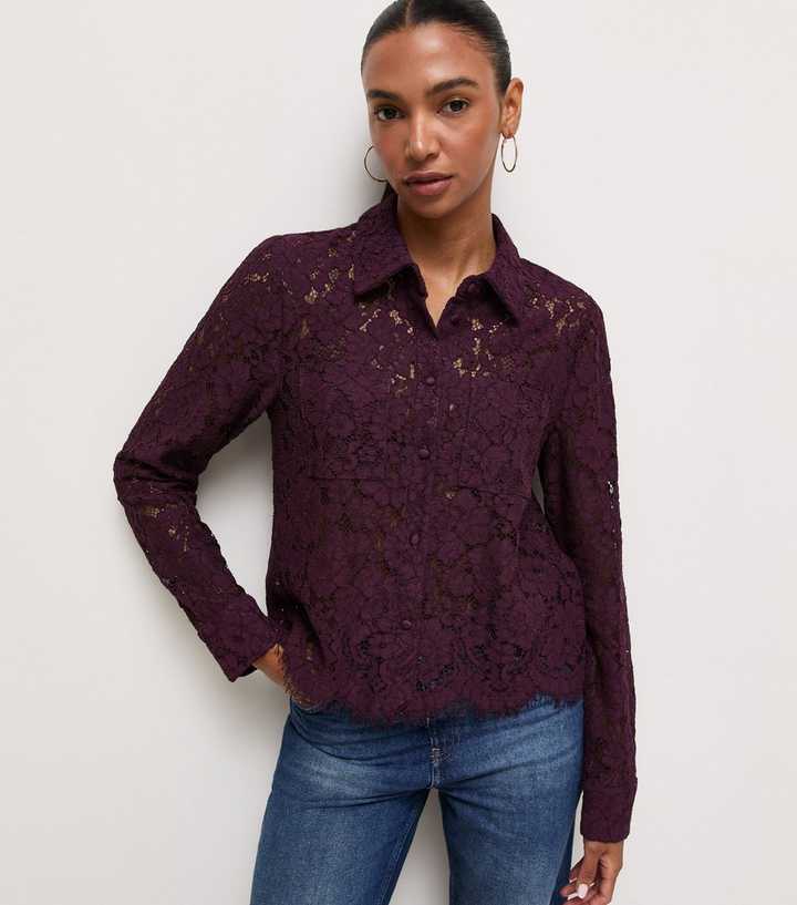Dark Burgundy Semi Sheer Pocket Detail Lace Shirt