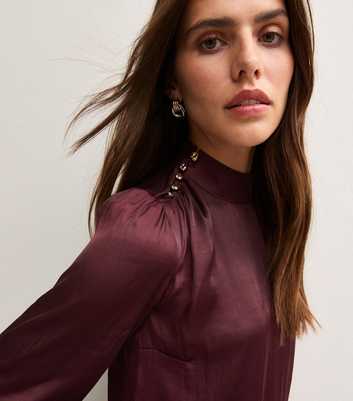 Dark Burgundy Satin High Neck Button Up Blouse