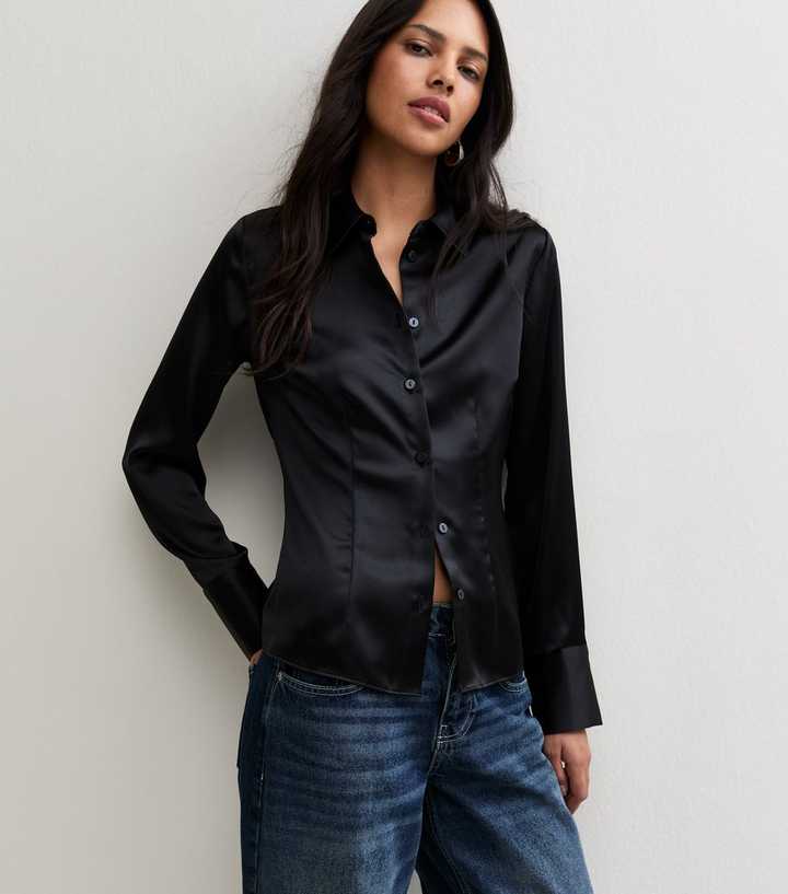 Black Fitted Waist Satin Shirt