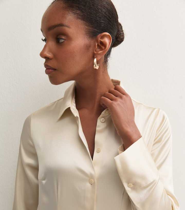 Cream Fitted Waist Satin Shirt