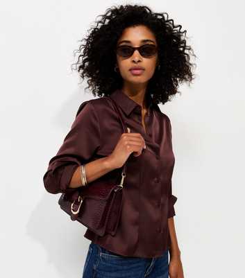 Dark Brown Fitted Waist Satin Shirt
