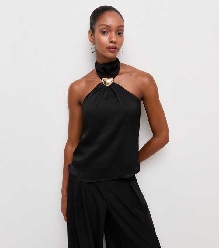 Black Textured Golden Hardware Trim Halter Neck Top