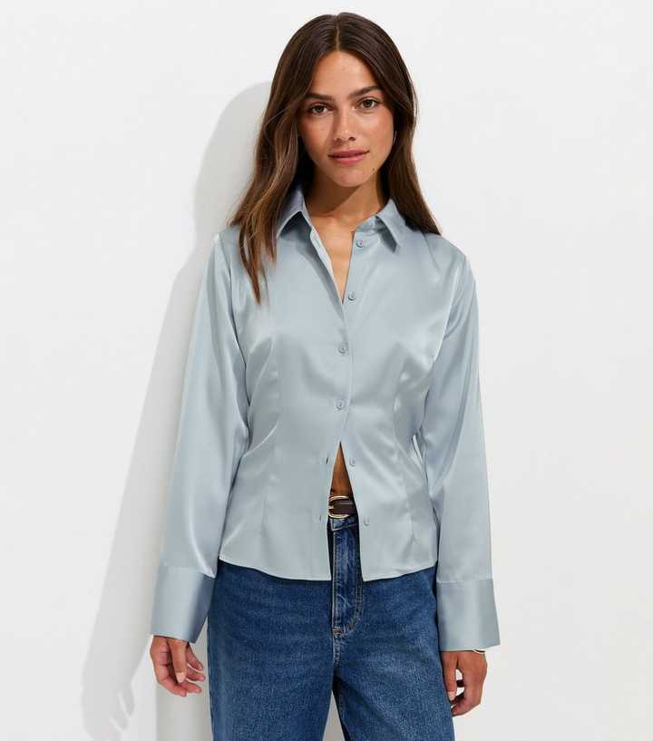Petite Light Blue Satin Collared Shirt