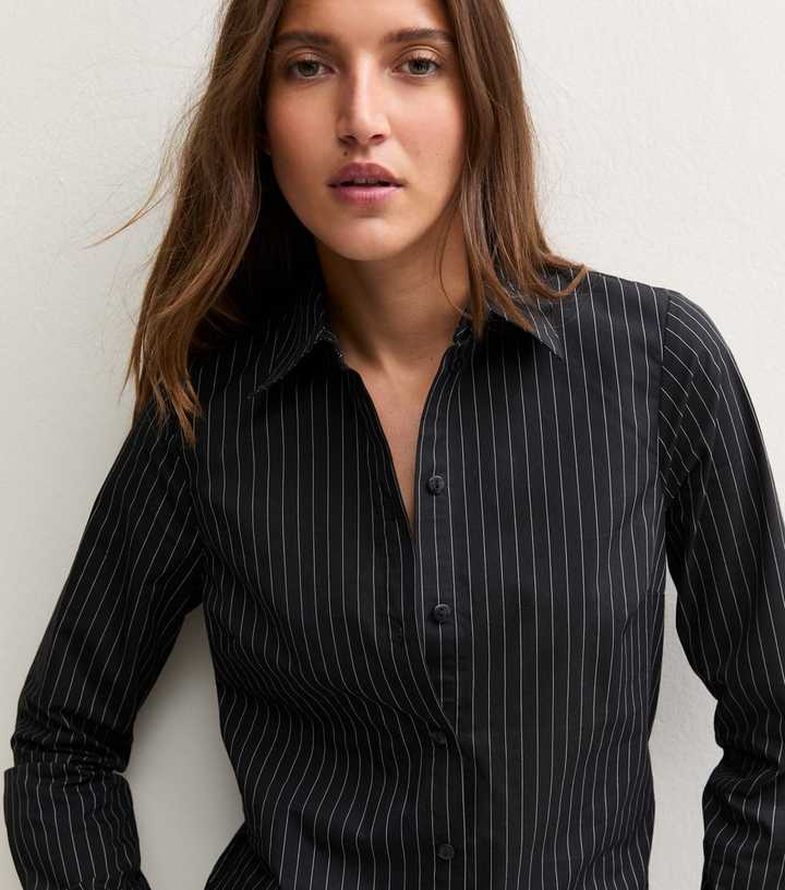 Black Cotton Rich Pinstriped Fitted Shirt