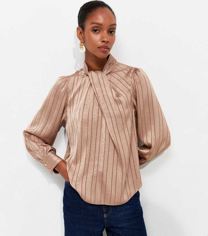 Camel Satin Twist Neck Striped Blouse