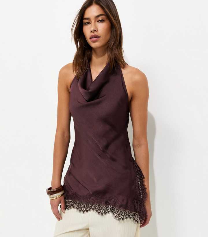 Dark Brown Satin Cowl Neck Lace Hem Halterneck Top
