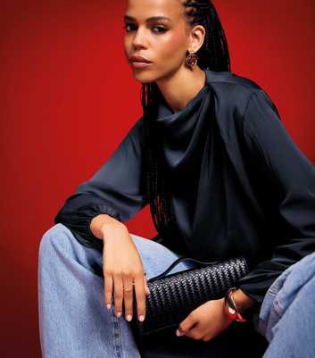 Navy Satin Cowl Neck Long Sleeve Blouse