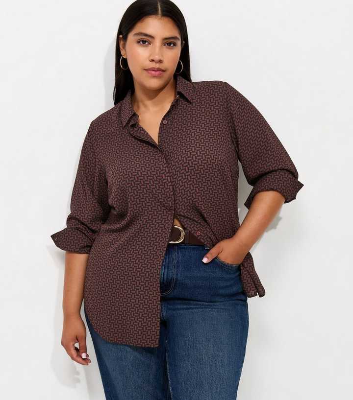 Curves Red Geometric Print Long Sleeve Shirt