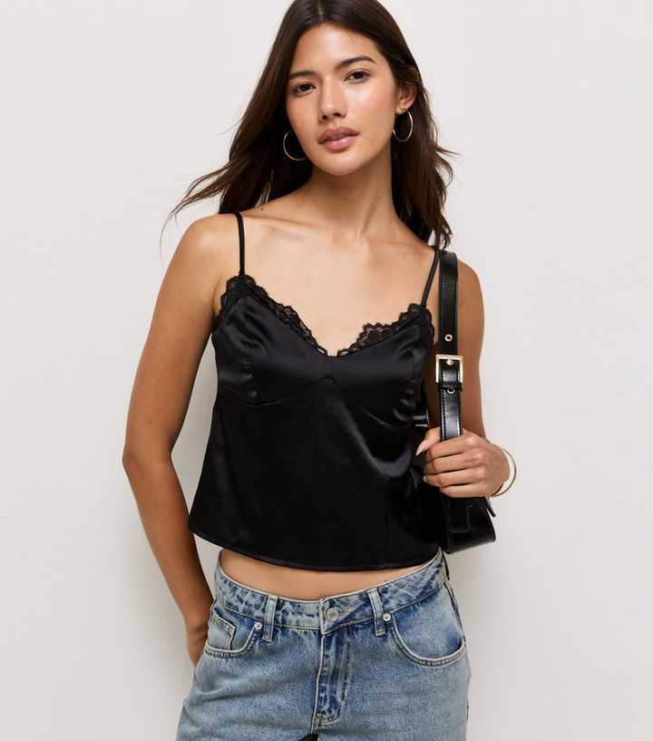 Black Satin Fitted Lace Trim Cami Top