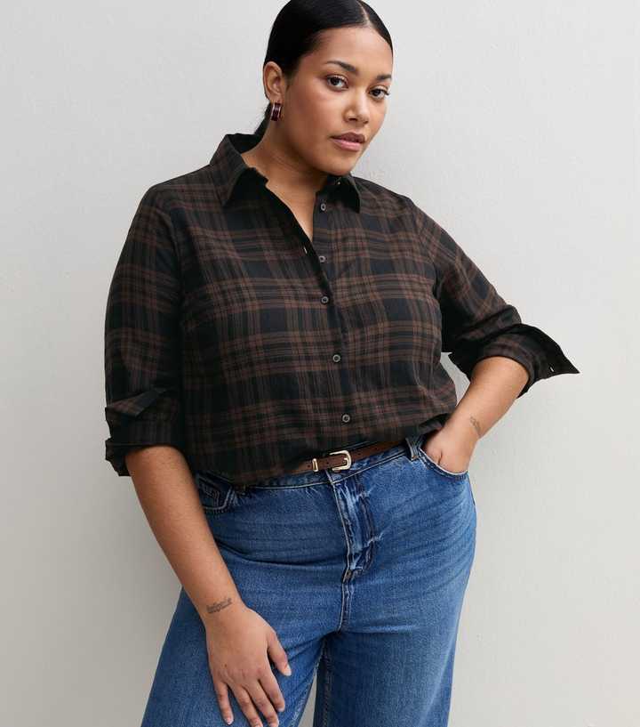 Curves Brown Cotton Rich Checked Long Sleeve Shirt