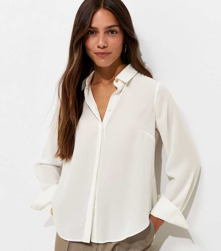 Petite White Concealed Placket Long Sleeve Shirt