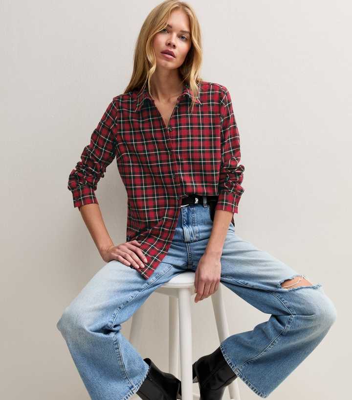 Red Check Cotton Longline Shirt
