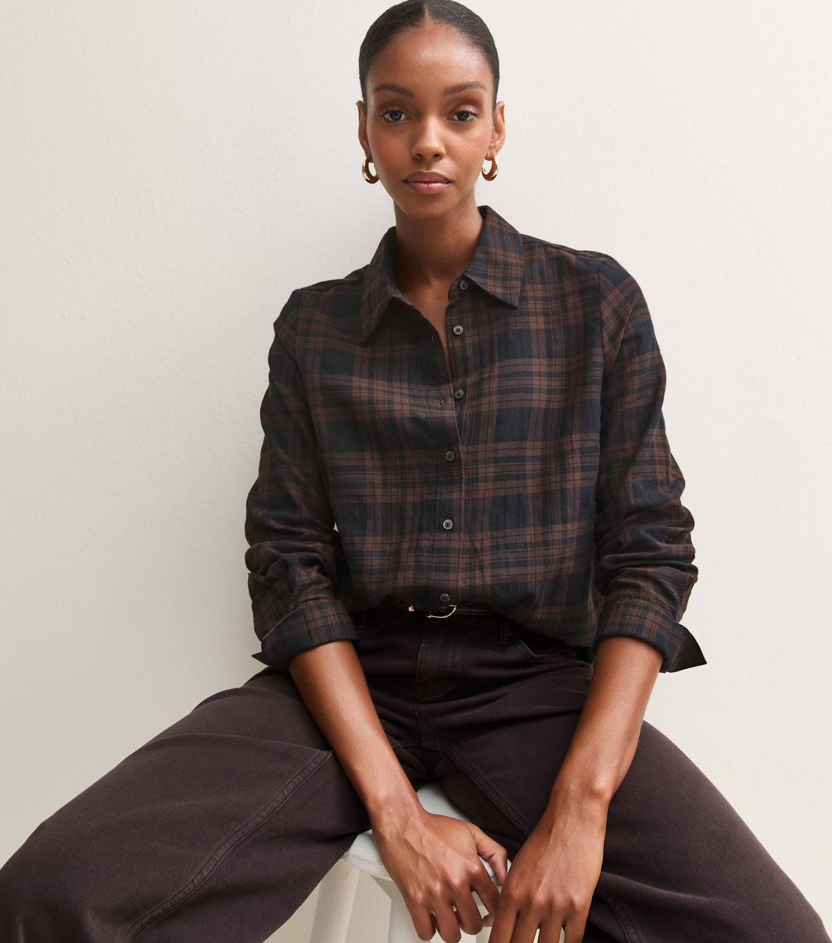 Women's Brown Cotton Rich Check Long Sleeve Shirt New Look
