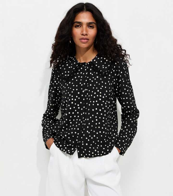 Black Spot Print Lace Collar Shirt