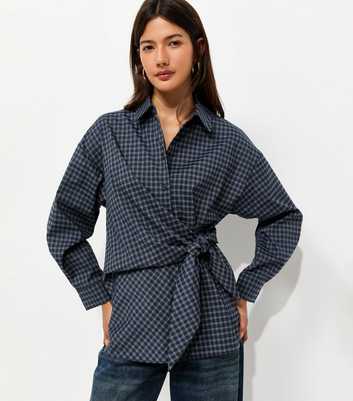 Blue Check Side Tie Long Sleeve Shirt