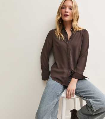 Dark Brown Concealed Button Long Sleeve Shirt