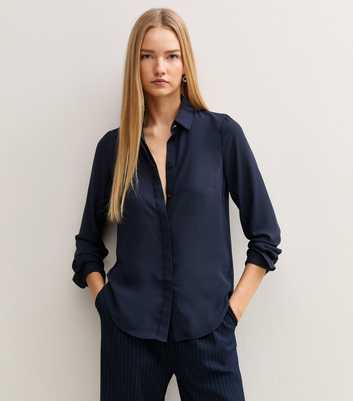 Navy Concealed Button Long Sleeve Shirt