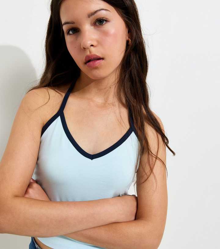 Girls Blue Cotton Rich Contrast Trim Halter Top