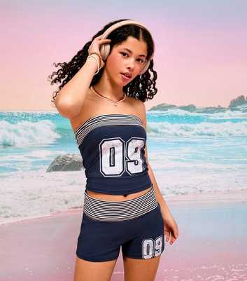 Girls Navy 09 Print Folded Waist Shorts