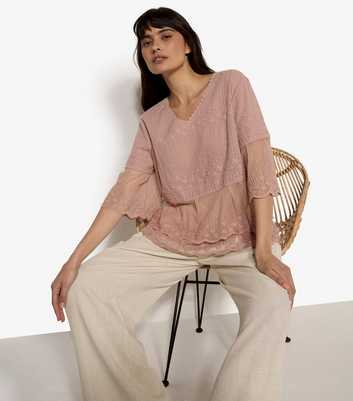 Apricot Light Pink Floral Embroidered Tiered Blouse