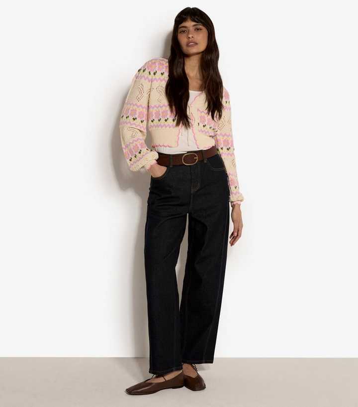Apricot Stone Pointelle Knit Floral Pattern Cardigan