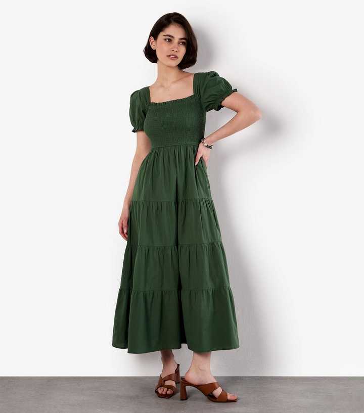 Apricot Dark Green Smocked Cotton Tiered Dress | New Look Apricot Dark Green Smocked Cotton Tiered Dress | New Look