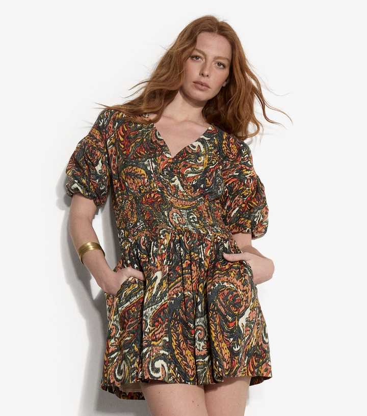 Apricot Green Paisley Cotton Bubble Sleeve Dress