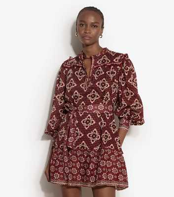 Apricot Red Tile Print Border Dress