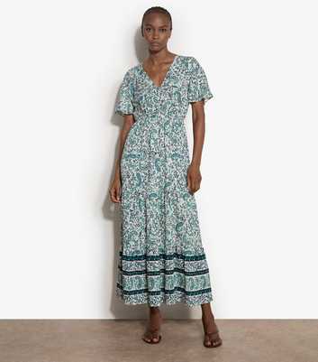 Apricot Blue Floral Paisley Border Midi Dress