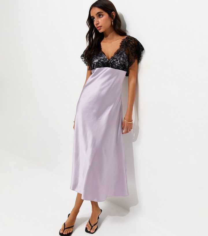 Lilac Satin Lace Bust Midi Dress