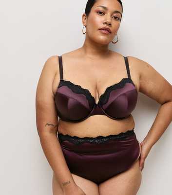 Curves Dark Purple Satin and Lace Plunge Bra