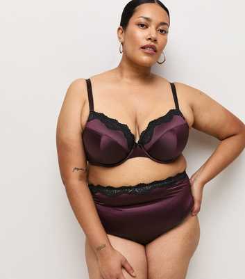 Curves Dark Purple Satin and Lace High Waist Thong