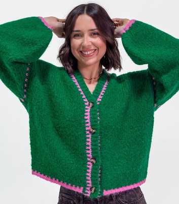 Sunshine Soul Green Blanket Stitch V-Neck Cardigan