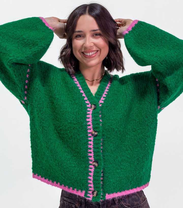 Sunshine Soul Green Blanket Stitch V-Neck Cardigan