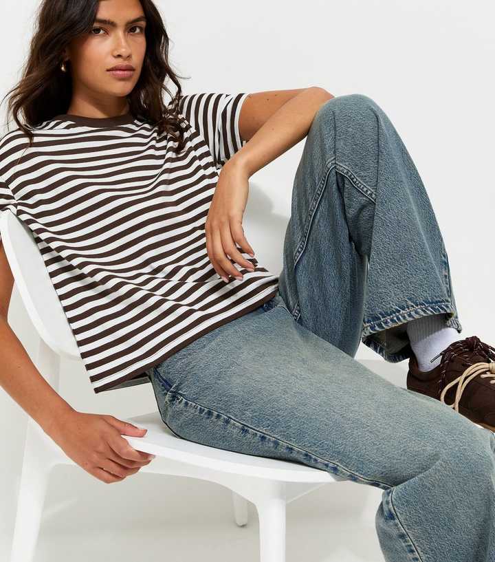 Brown Cotton Striped Boxy Crew Neck T-Shirt