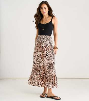 Gini London Brown Leopard Print Shirred Waist Midi Skirt