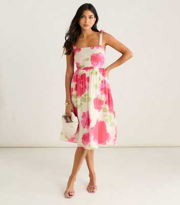 Gini London Pink Floral Tie Strap Midi Dress
