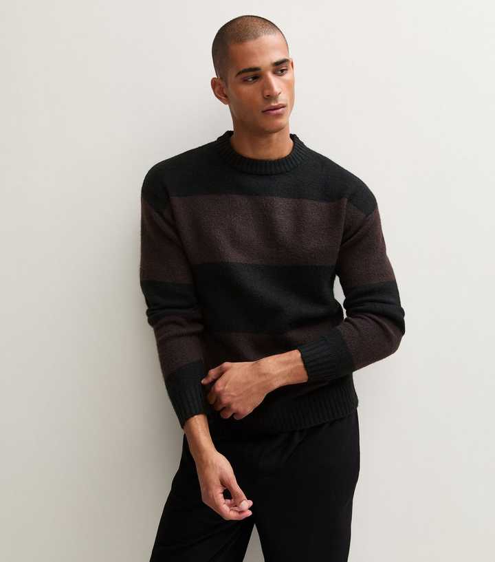 Jack & Jones Black Striped Knitted Crew Neck Jumper