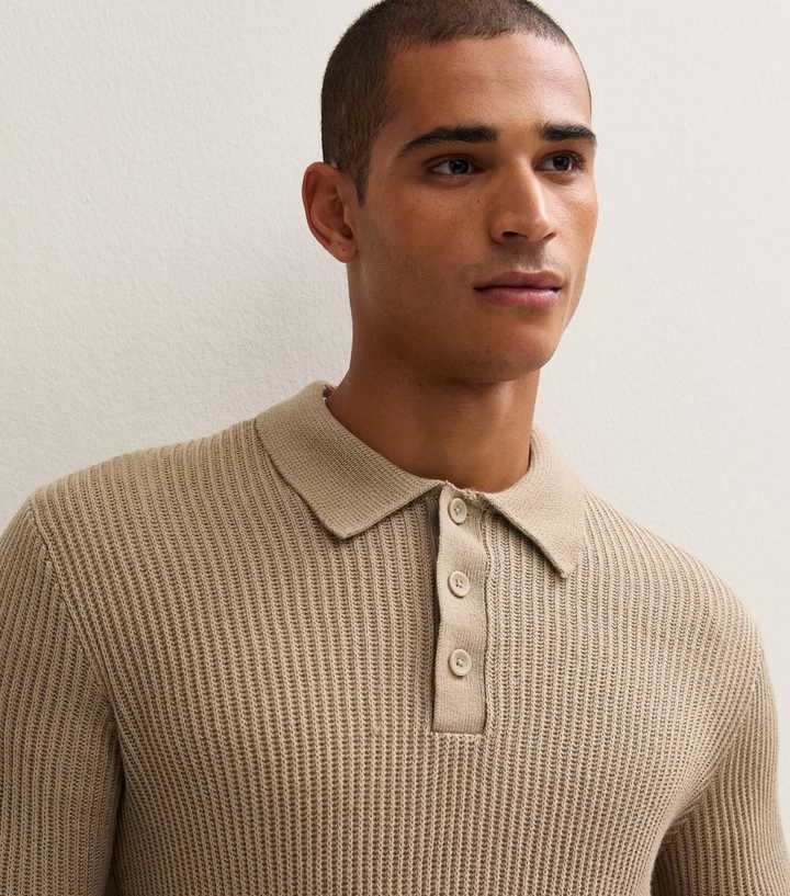 Jack & Jones Camel Ribbed Knit Polo Collar Jumper with Cotton