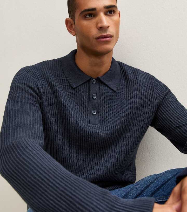 Jack & Jones Navy Ribbed Knit Polo Collar Jumper with Cotton