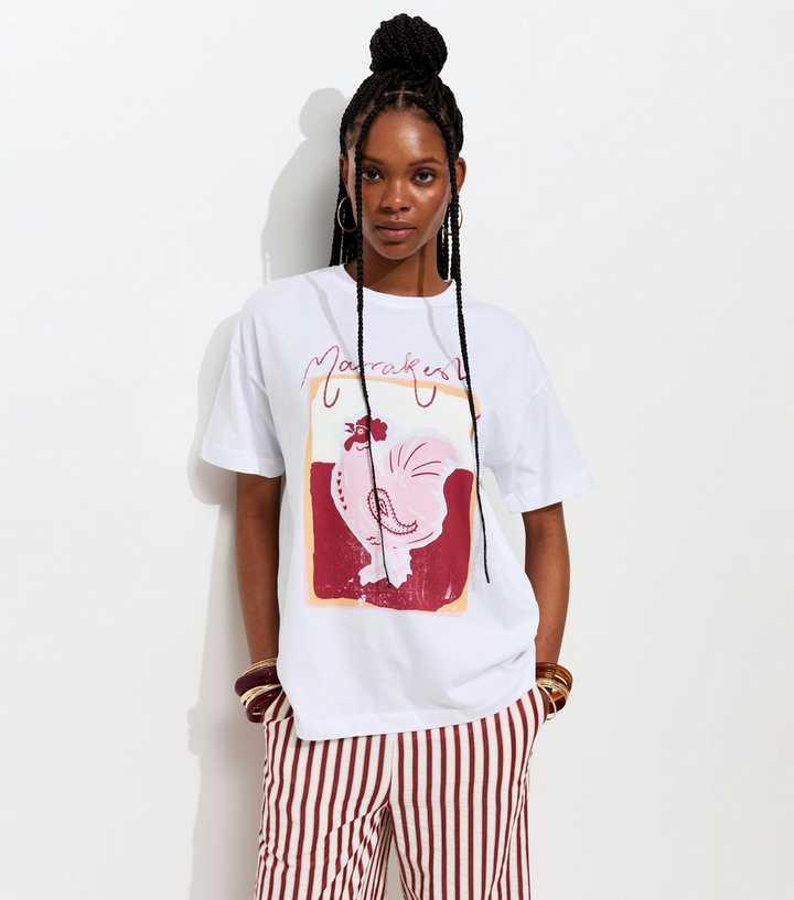 White Rooster Print Oversized T-Shirt