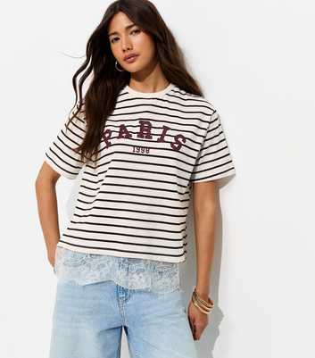 White Cotton Striped Paris Lace Hem T-Shirt