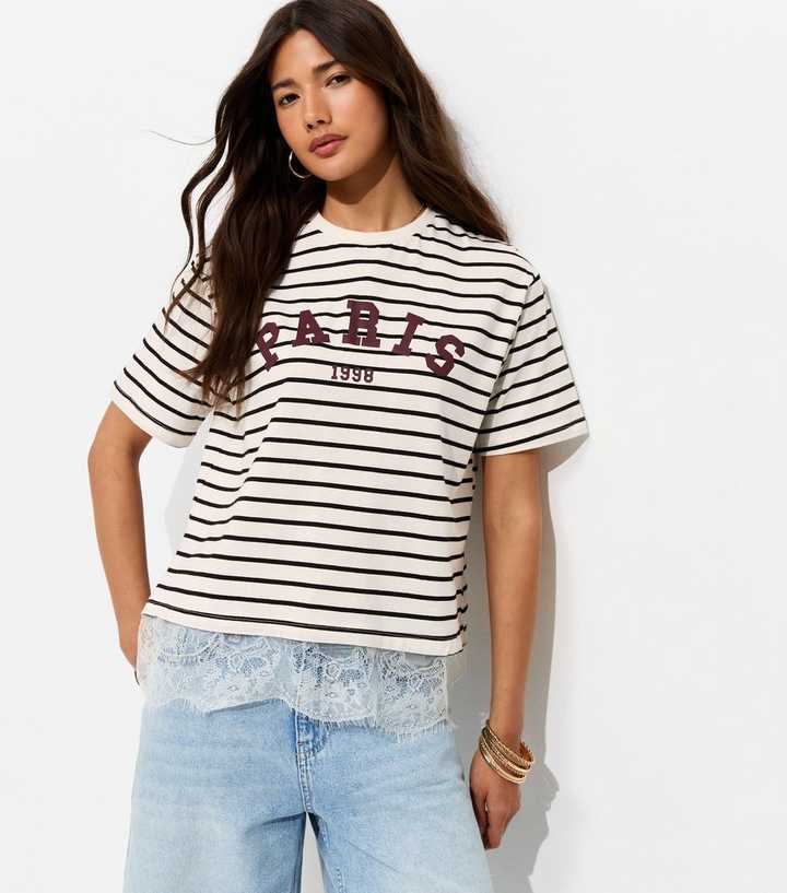 White Cotton Striped Paris Lace Hem T-Shirt