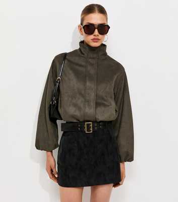 Black Faux Leather Belted A-Line Mini Skirt