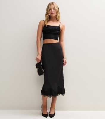 Black Satin Lace Trim Midi Pencil Skirt