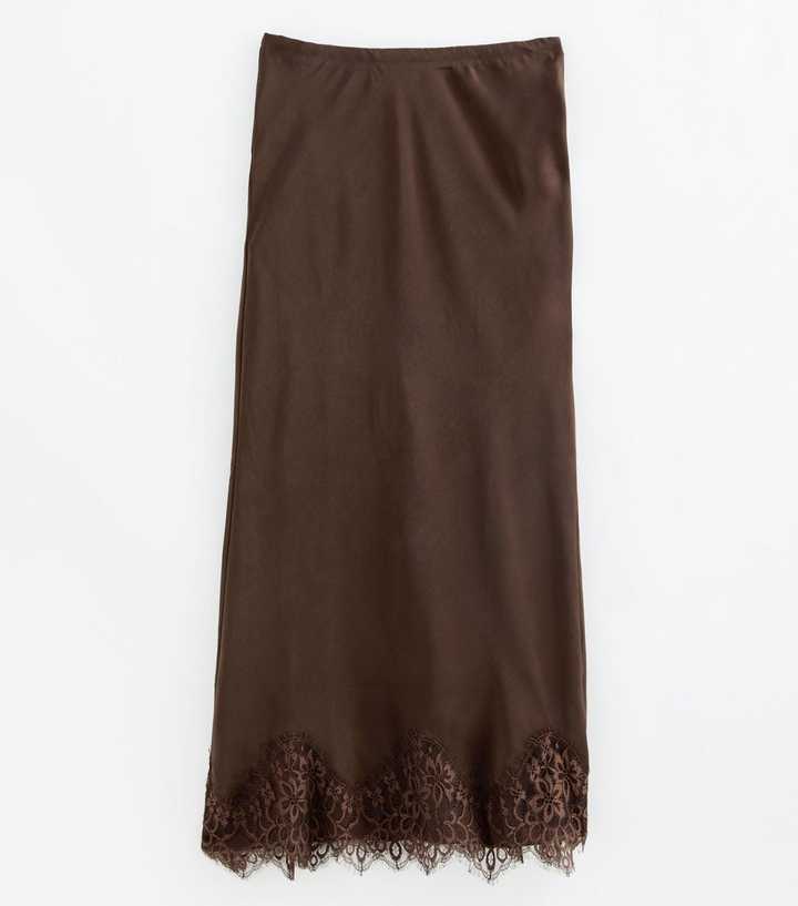 Dark Brown Satin Lace Trim Midi Pencil Skirt