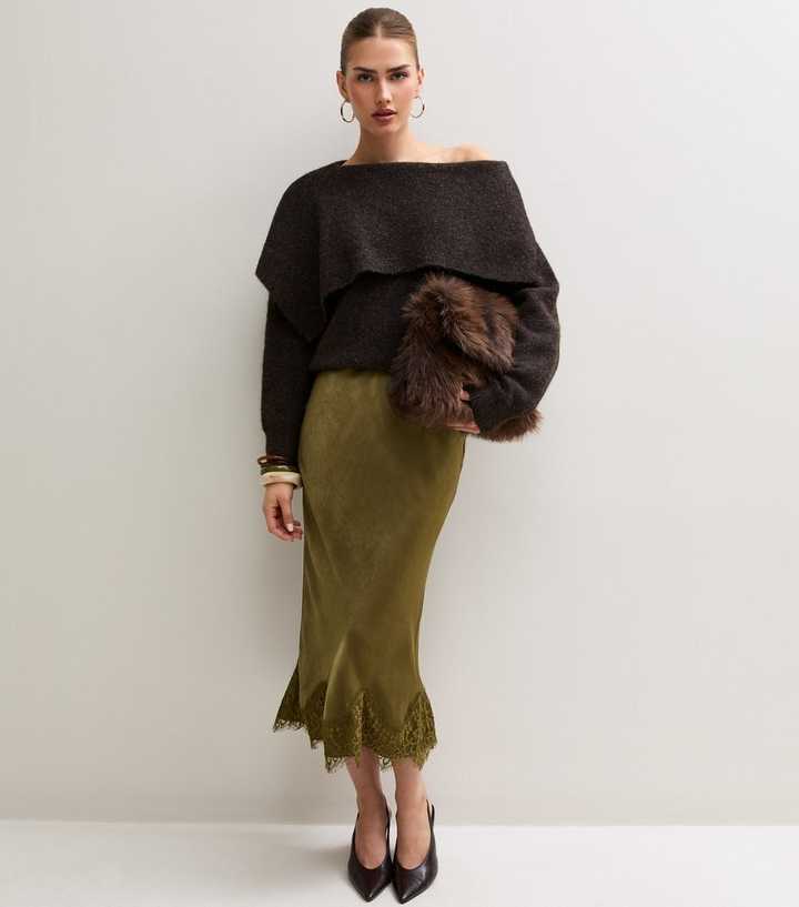 Light Khaki Satin Lace Trim Midi Pencil Skirt